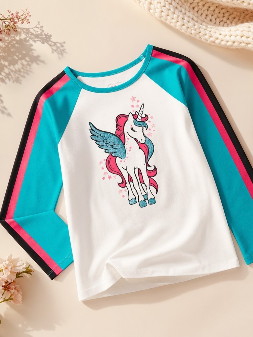 Garanimals White Tee with Teal Sleeves & Pink Accents Unicorn Graphic